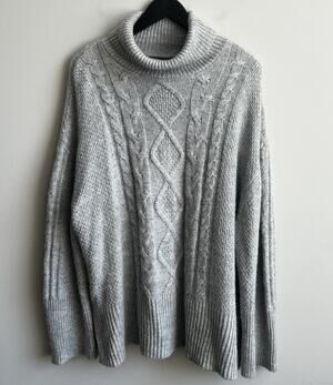 GAP Sweater Gray Cable Knit Cowl Neck Wool Alpaca Blend Size XL Fisherman